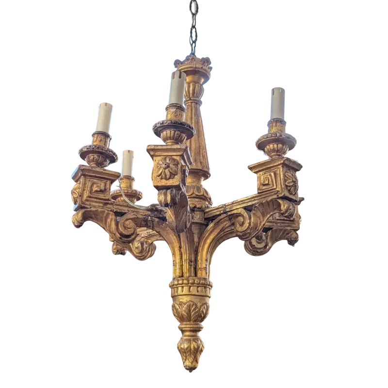Six-light golden wood chandelier