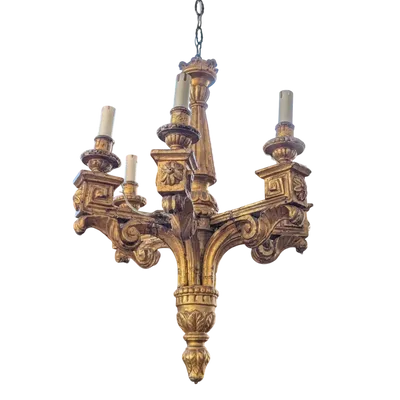 Six-light golden wood chandelier