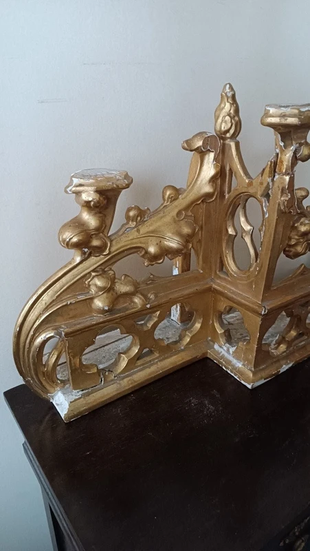 Triptych Gilded wood neo-gothic altar candlesticks
