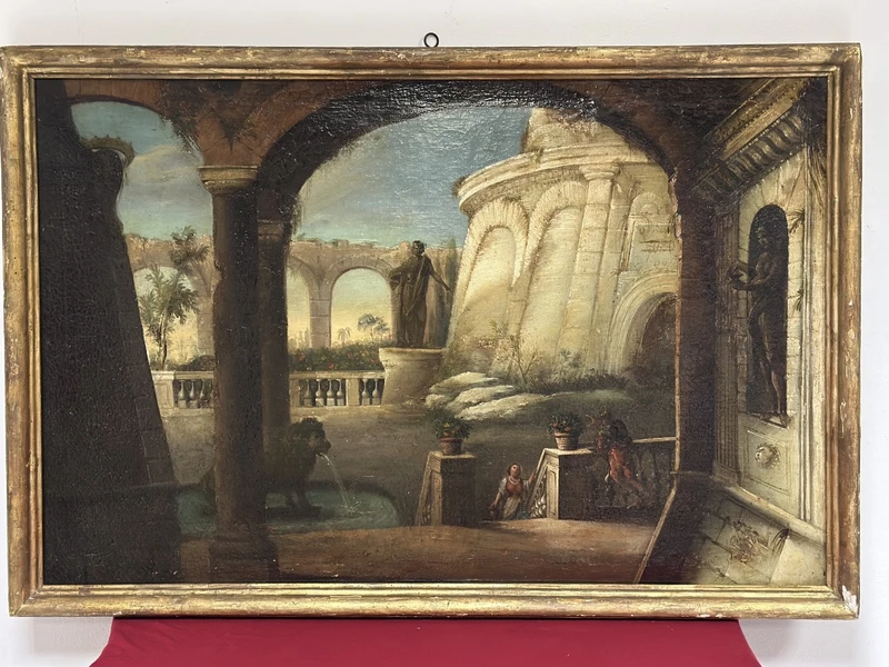 Italian 18th century oil on canvas painting, Architectural Capriccio with figures