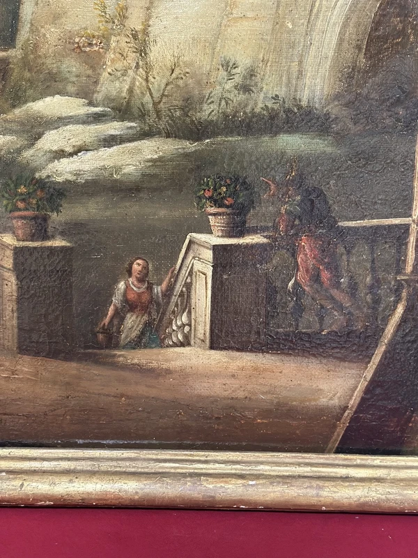 Italian 18th century oil on canvas painting, Architectural Capriccio with figures