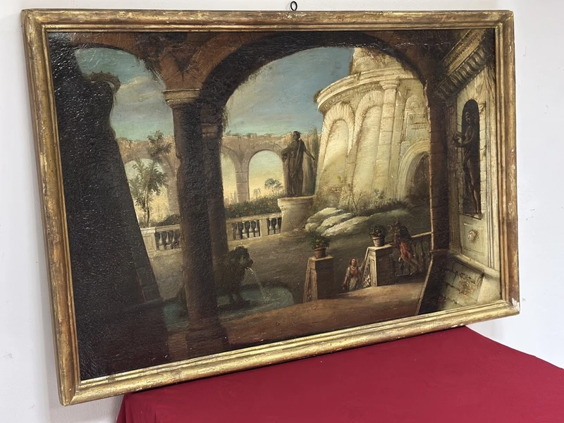 Italian 18th century oil on canvas painting, Architectural Capriccio with figures