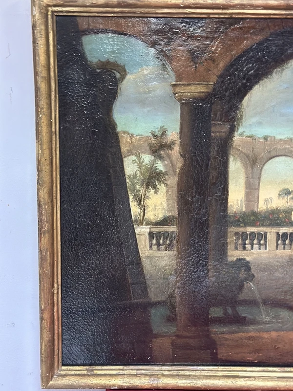 Italian 18th century oil on canvas painting, Architectural Capriccio with figures