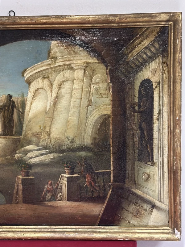 Italian 18th century oil on canvas painting, Architectural Capriccio with figures