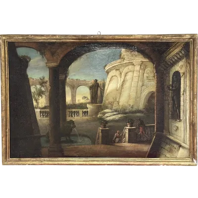 Italian 18th century oil on canvas painting, Architectural Capriccio with figures
