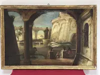 Italian 18th century oil on canvas painting, Architectural Capriccio with figures