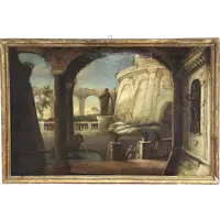 Italian 18th century oil on canvas painting, Architectural Capriccio with figures