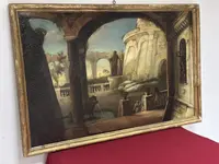 Italian 18th century oil on canvas painting, Architectural Capriccio with figures