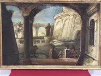 Italian 18th century oil on canvas painting, Architectural Capriccio with figures