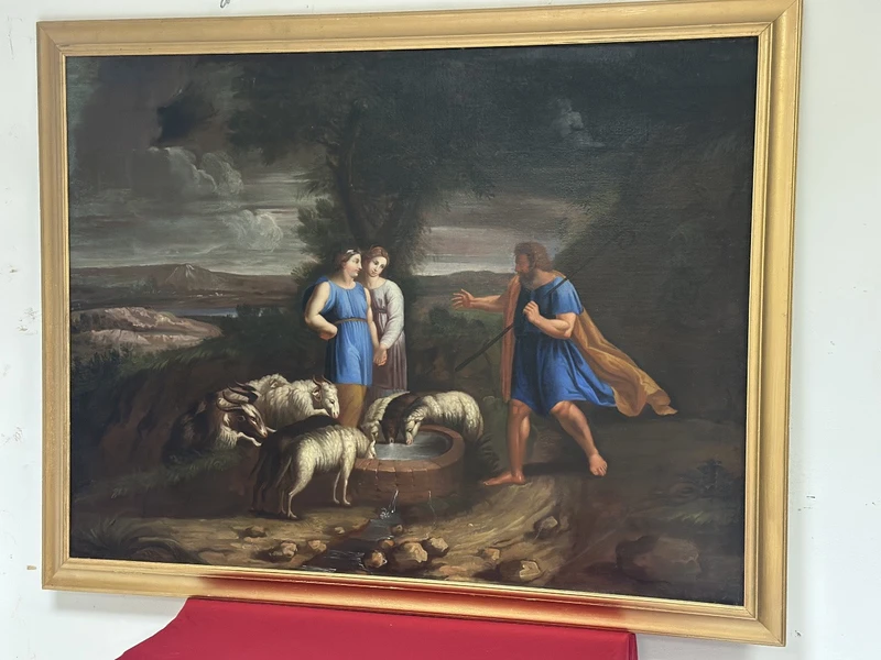 Olio su tela . Mosé con le figlie di Jetro. XVIII secolo