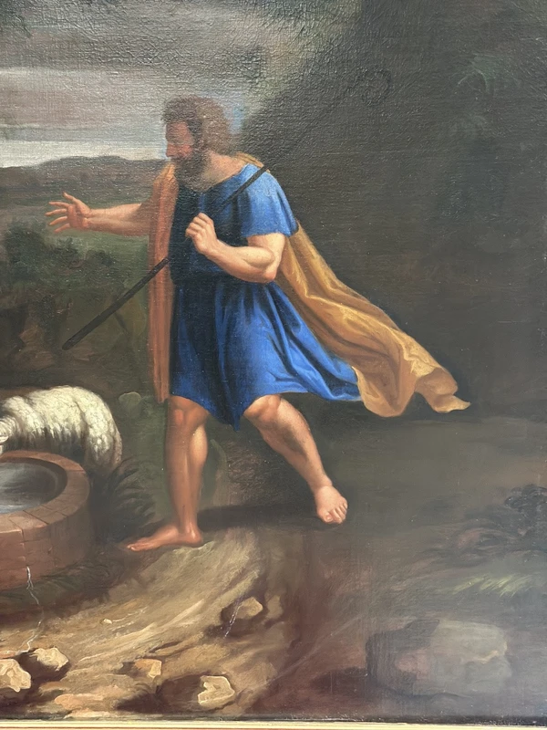 Olio su tela . Mosé con le figlie di Jetro. XVIII secolo