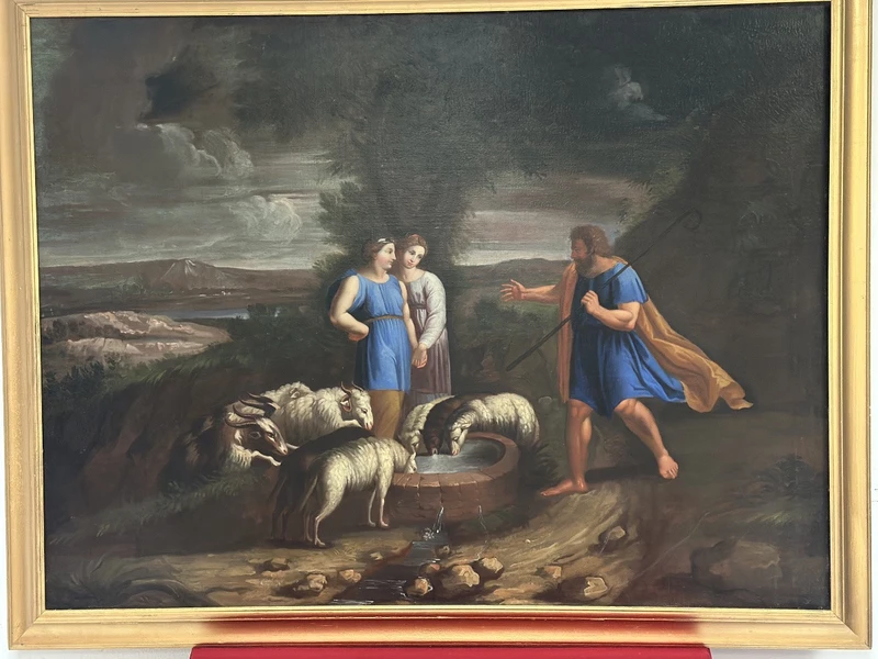 Olio su tela . Mosé con le figlie di Jetro. XVIII secolo