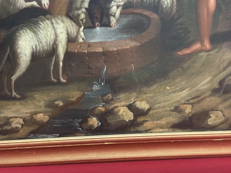 Olio su tela . Mosé con le figlie di Jetro. XVIII secolo