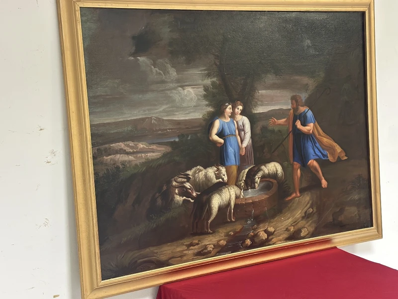 Olio su tela . Mosé con le figlie di Jetro. XVIII secolo