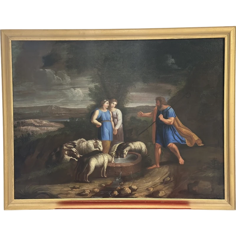 Olio su tela . Mosé con le figlie di Jetro. XVIII secolo