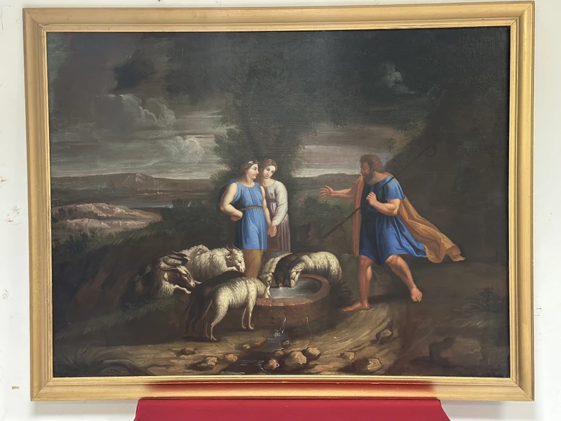 Olio su tela . Mosé con le figlie di Jetro. XVIII secolo