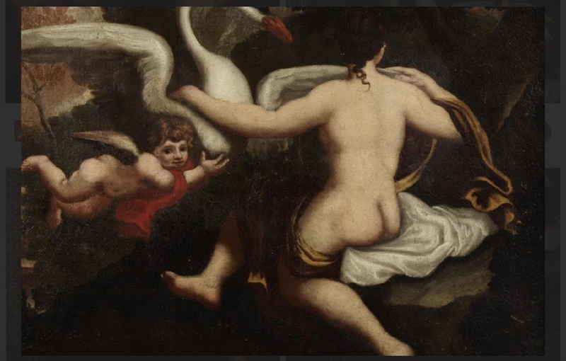 Olio su tela . Leda e il cigno pittore lombardo del XVII secolo epoca 600