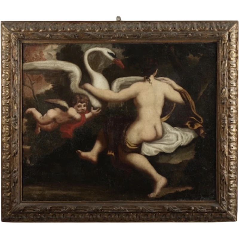 Olio su tela . Leda e il cigno pittore lombardo del XVII secolo epoca 600