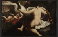 Olio su tela . Leda e il cigno pittore lombardo del XVII secolo epoca 600