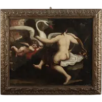 Olio su tela . Leda e il cigno pittore lombardo del XVII secolo epoca 600