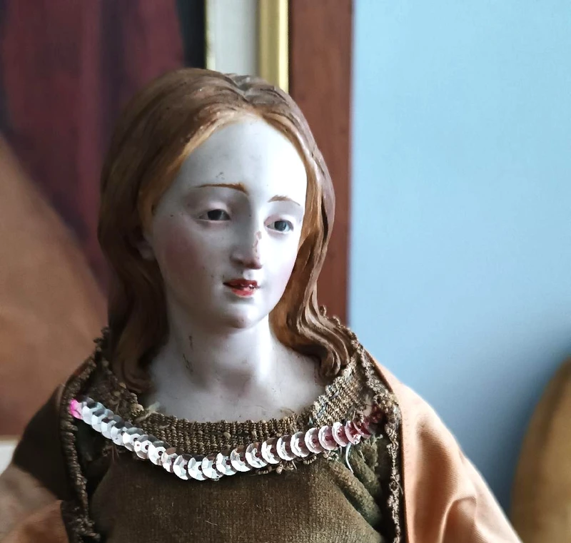 Antique sculpture Madonna or St. Agatha within glass bell