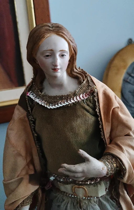 Antique sculpture Madonna or St. Agatha within glass bell