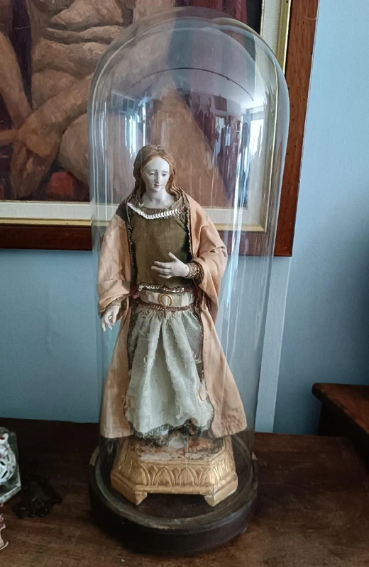 Antique sculpture Madonna or St. Agatha within glass bell