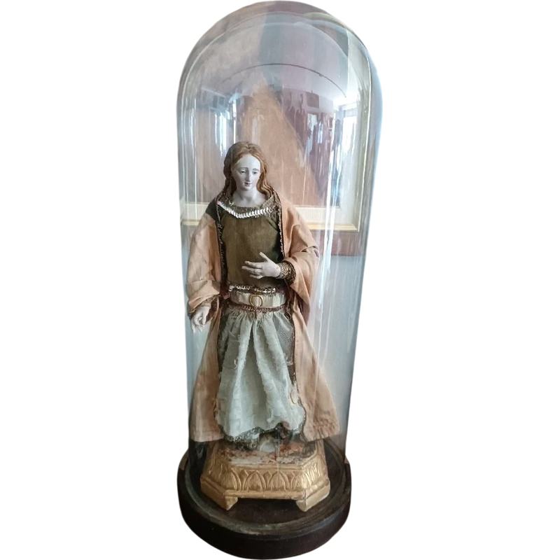 Antique sculpture Madonna or St. Agatha within glass bell