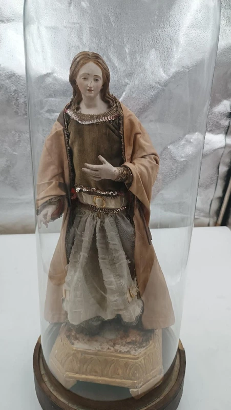 Antique sculpture Madonna or St. Agatha within glass bell