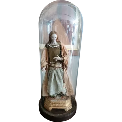 Antica scultura Madonna o Santa Agata entro campana vetro