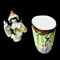 Porcelain veilleuse tisaniera depicting female figure filandera.France.