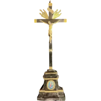Bronze crucifix with silver moldings and cross with ebony base.
