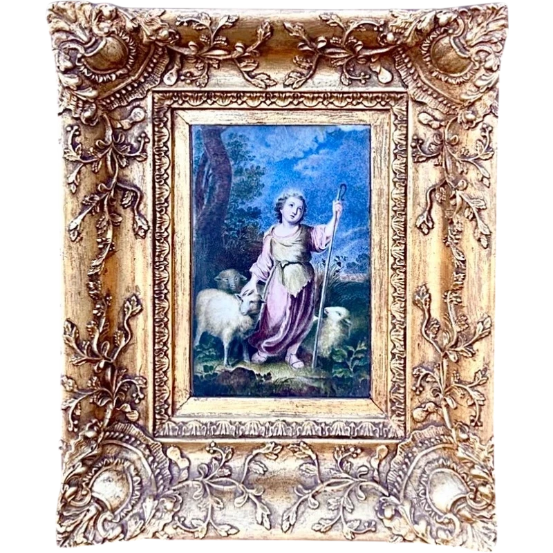 Oil painting depicting young shepherd with three sheep in rural setting.France.