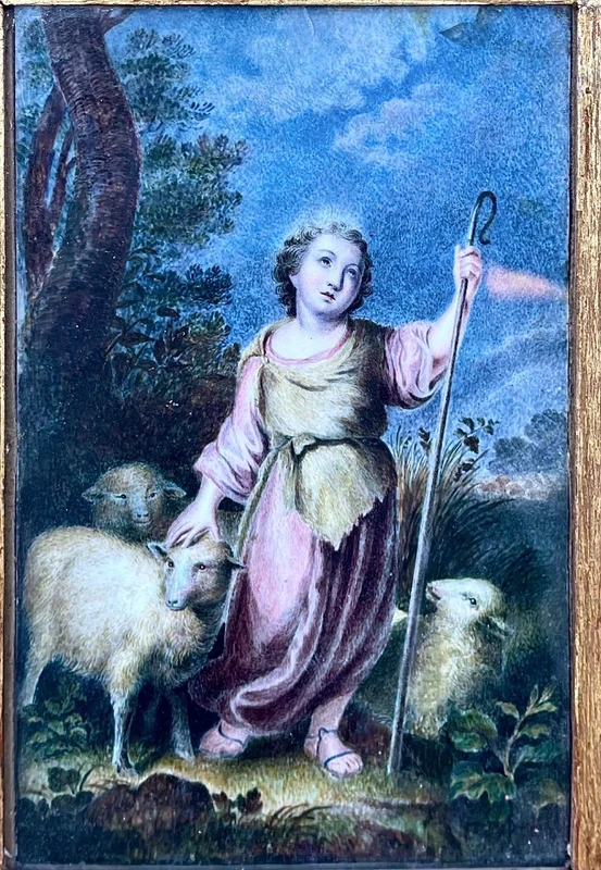 Oil painting depicting young shepherd with three sheep in rural setting.France.