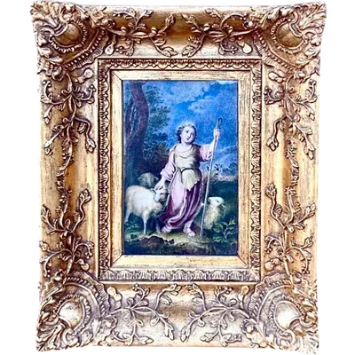Oil painting depicting young shepherd with three sheep in rural setting.France.