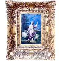 Oil painting depicting young shepherd with three sheep in rural setting.France.