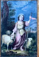 Oil painting depicting young shepherd with three sheep in rural setting.France.