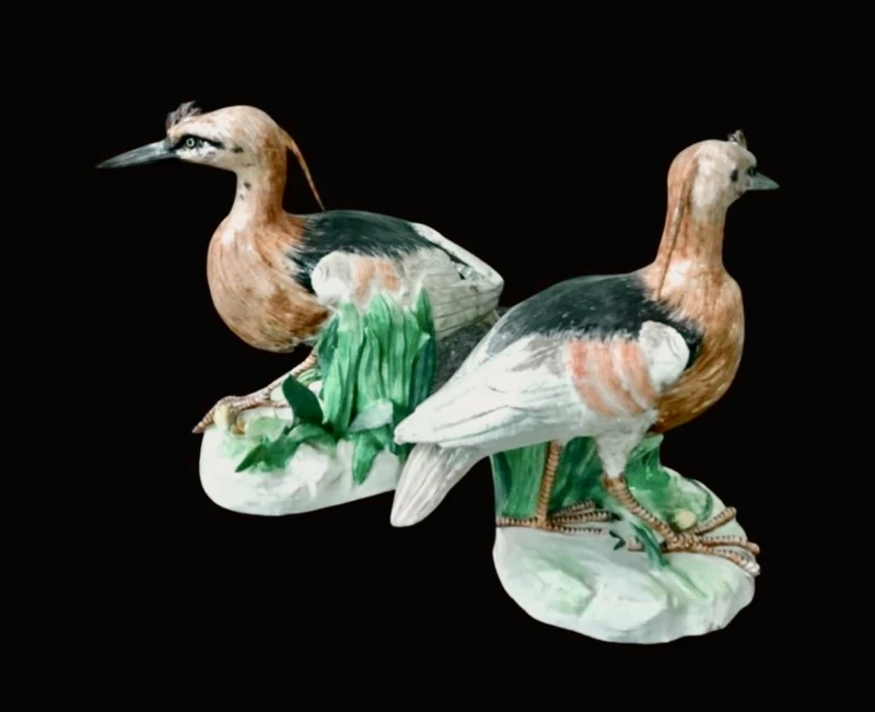 Pair of polychrome porcelain heron birds.Samson manufacture,France.