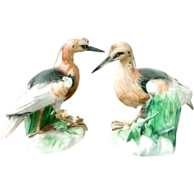 Pair of polychrome porcelain heron birds.Samson manufacture,France.