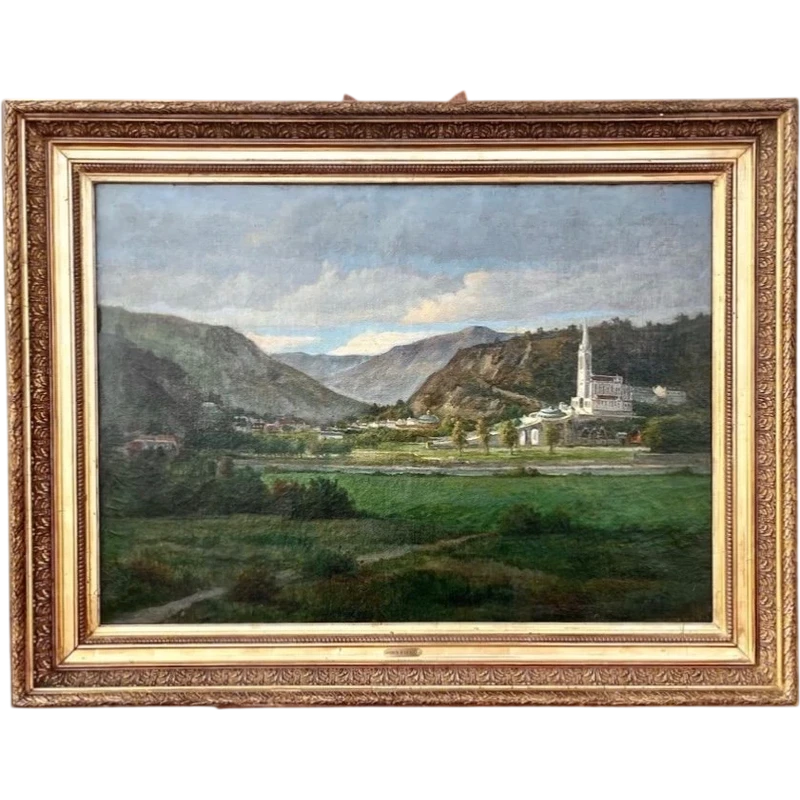 Dipinto ad olio su tela raffigurante Lourdes. Francia