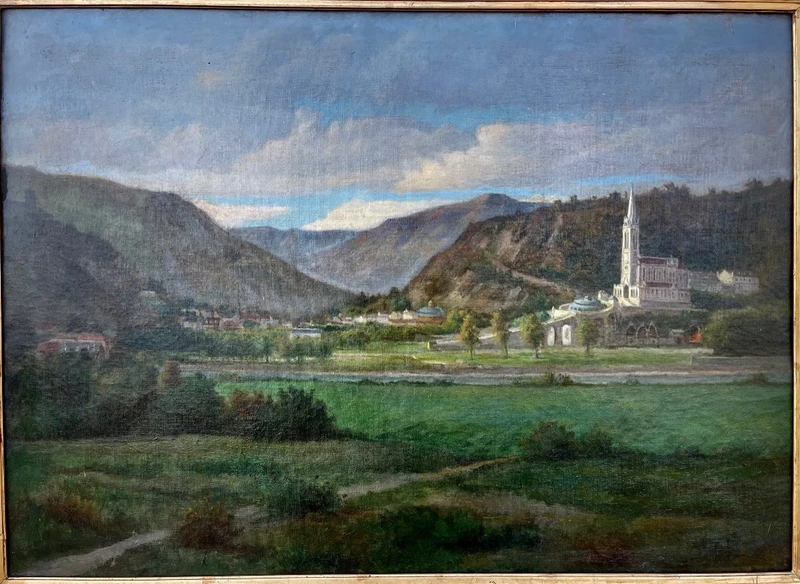 Dipinto ad olio su tela raffigurante Lourdes. Francia