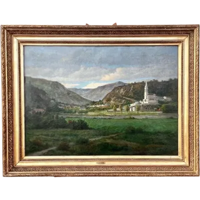 Oil painting on canvas depicting Lourdes. France