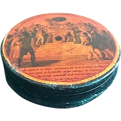 Papier mache' snuff box with revolutionary scene and inscription