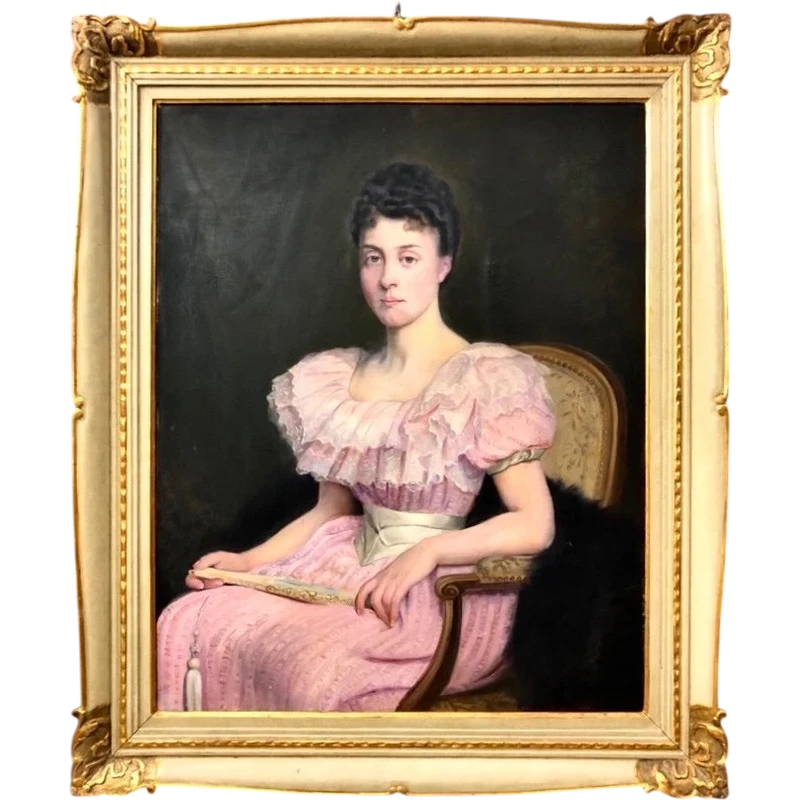 Dipinto olio su tela raffigurante figura femminile seduta con ventaglio.Francia.Firmato
