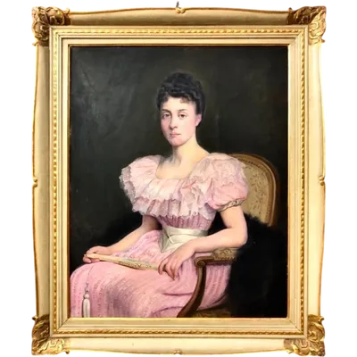 Oil painting on canvas depicting female figure seated with fan.France.Signed