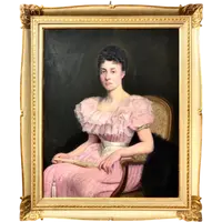 Dipinto olio su tela raffigurante figura femminile seduta con ventaglio.Francia.Firmato