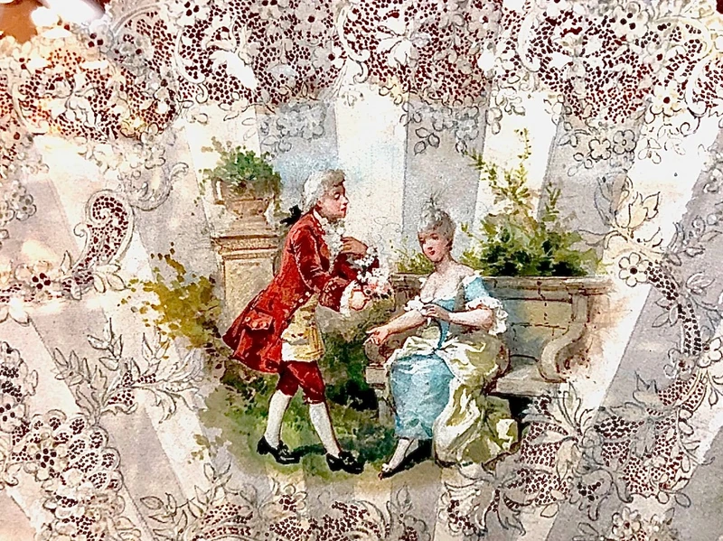 Tempera painting on cardboard depicting a fan with gallant scenes