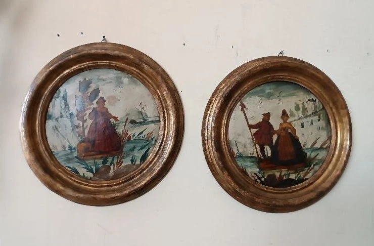 Paire de tableaux anciens technique ( arte povera ) venise 18eme siecle