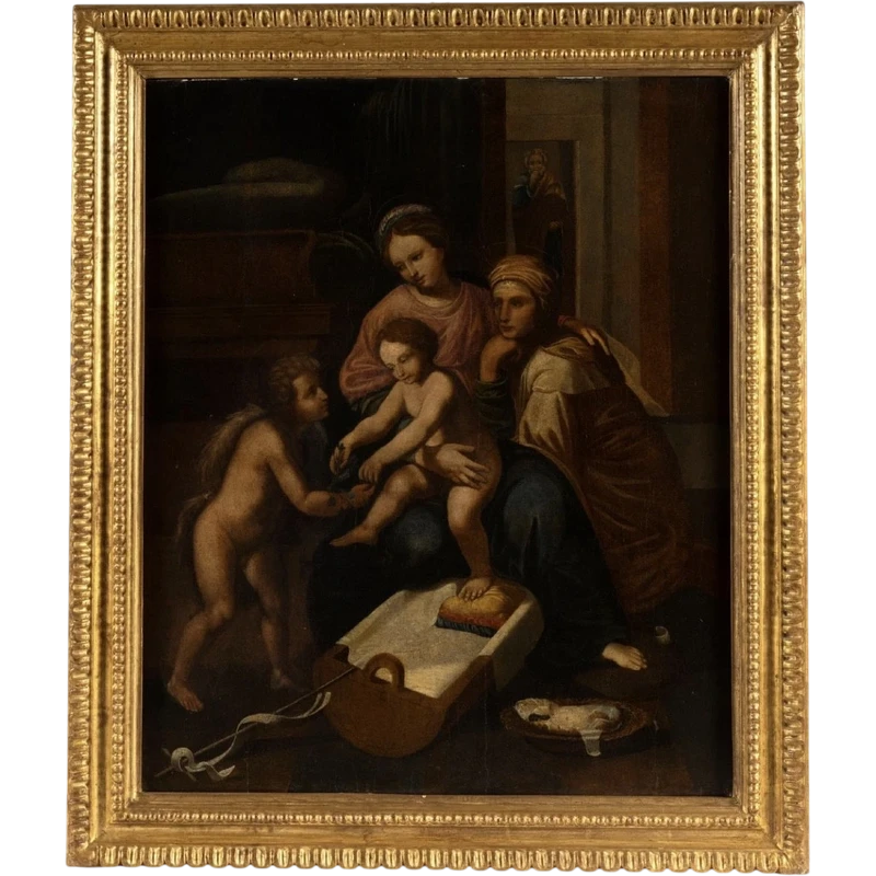 Olio su tavola. Sacra famiglia con Sant’Anna e San Giovannino . XVI secolo. 76 x 63