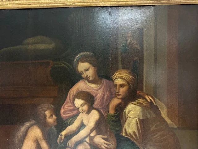 Olio su tavola. Sacra famiglia con Sant’Anna e San Giovannino . XVI secolo. 76 x 63
